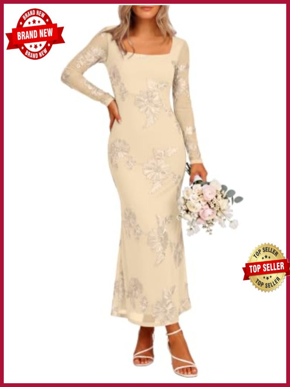 Bodycon Floral Embroidered Mesh Long Sleeve Maxi Dress